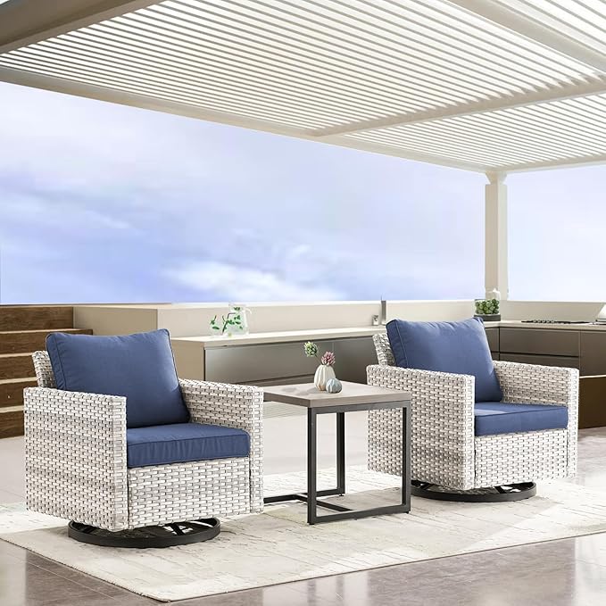Outdoor Rocker Chairs - Patio Swivel Chair Set, Two Wicker Chairs with One Side Table, Light Grey/Blue