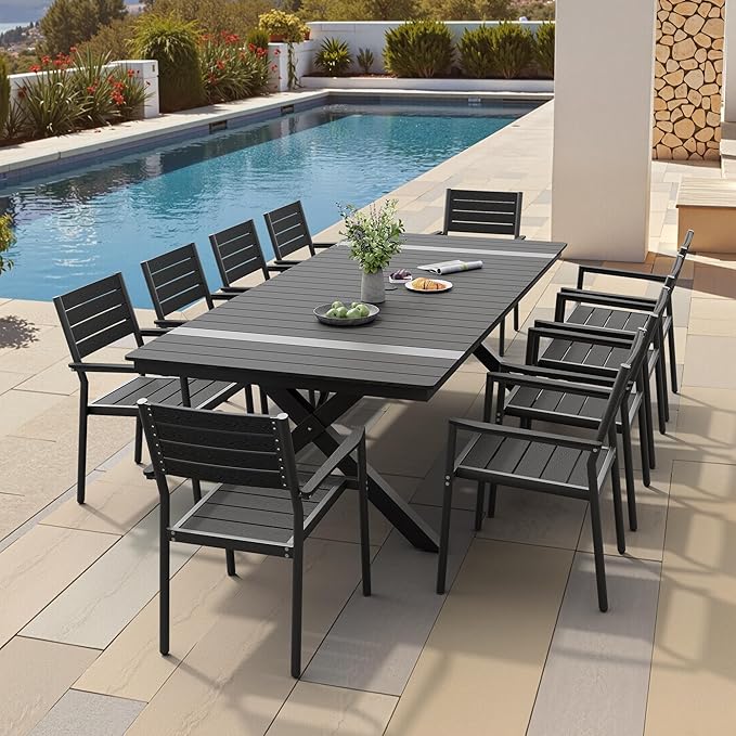 Pellebant 94" Outdoor Dining Table for 6-8, Aluminum Patio Dining Table with Umbrella Hole, Waterproof Wood-Like Tabletop for Lawn Garden Backyard, Black
