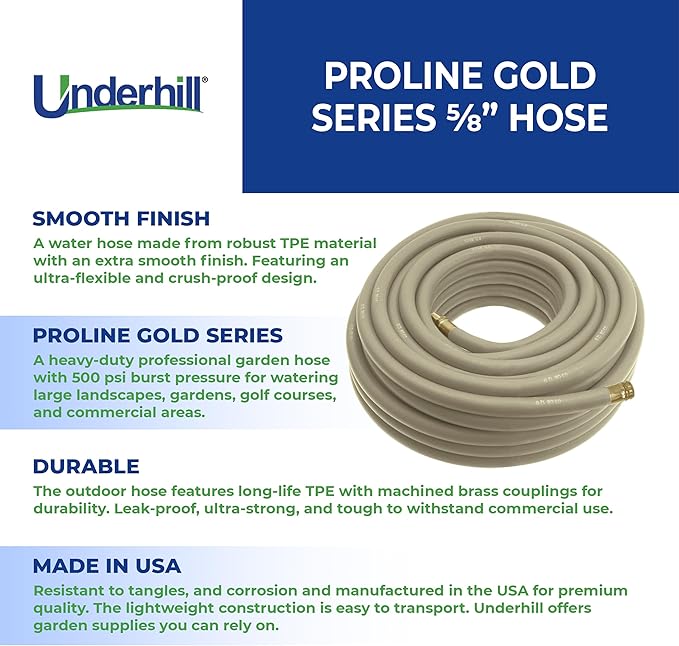 Underhill Proline Gold Series Commercial Garden Water Hose 75 ft, Lightweight, Heavy-Duty, Flexible, Kink Free, Industrial, 500 psi, H58-075PR0-G 5/8" x 75', Gold