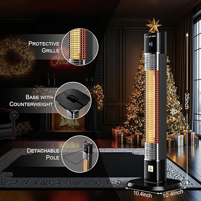 Patio Heater for Outdoor,1500W Electric Infrared Radiant Heaters with Remote for Garage Bedroom Backyard, Room Space Heater with 24H Timer,3 Heat Settings,Tip-over Protection for Indoor, 35"