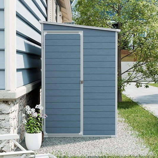 4x8 FT Outdoor Storage Shed Plastic Shed W/Floor,Resin Lean to Shed W/ 2 Windows & Lockable Door,Garden Tool House W/Air Vent & Sloped Roof,All Weather Waterproof for Backyard,Patio,Lawn,Grey