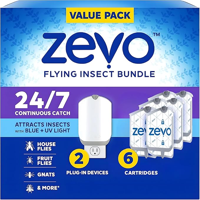 Zevo Flying Insect Trap & Cartridge - Plug in Fly Trap & Indoor Bug Catcher for Gnats, House & Fruit Flies - Mess-Free - Use in Any Room - Uses Blue & UV Light (2 Plug in Devices & 6 Cartridges)