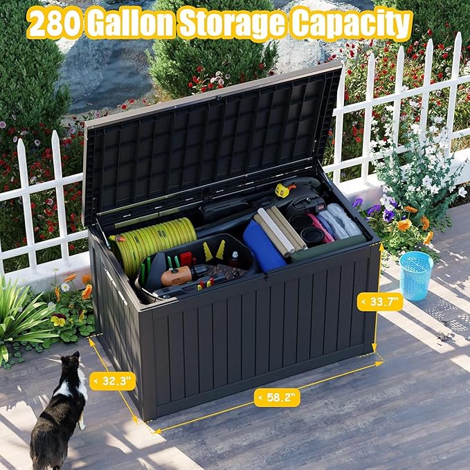Vixzen 280 Gallon Resin Deck Box, Lockable Outdoor Storage Box for Patio Cushions Storage Furniture,Garden Tools, Pool Supplies, Weatherproof and UV Resistant- Black
