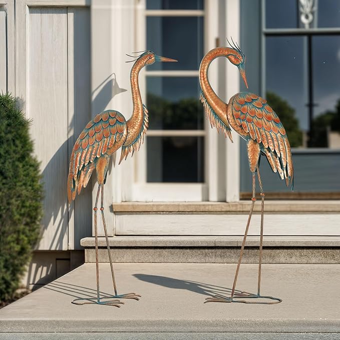 Ultym 44.8" Tall Extra Large Metal Crane Decor, Handcrafted Distressed Bronze Heron Sculpture with 4-Piece Secure Ground Stakes, Vintage Charm Outdoor Garden Statue Yard Art for Patio & Backyard Decor