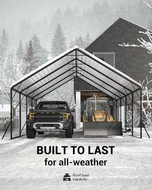 Garveelife 20'x20'x13' Metal Carport for 2 Cars, Heavy Duty Car Ports for Heavy Snow, Reinforced Frame, Tall Metal Car Ports for Bass Boats, Full-Sized Pickup Trucks, and Tractors, N.W. 800 Lbs