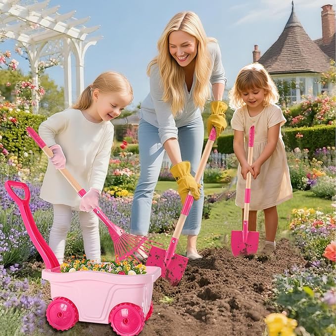 Duckura Kids Gardening Tools Set - 7pcs Wheelbarrow Set for Kids with Shovel, Rake, Leaf Rake, Summer Outdoor Yard Digging Weed Toys, Valentine's Birthday Gifts for Boys Girls Age 2 3+ Years Old(Pink)