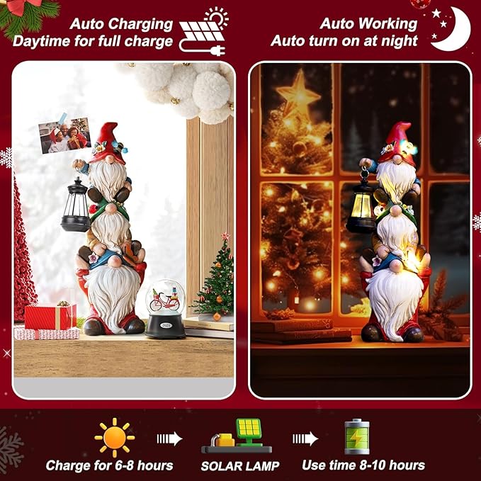 twinbling 17 in Large Garden Gnome Statue with Solar Lights Sculptures Funny Triple Big Gnome Outdoor Patio Lawn Yard Balcony Garden Home Decor Gifts for Women Mom