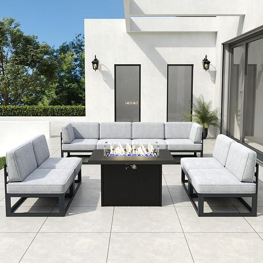 9 Pieces Aluminum Patio Furniture Set with Propane Gas 44" Fire Pit Table, Metal Outdoor Conversation Sofa Set with Seating Cushions