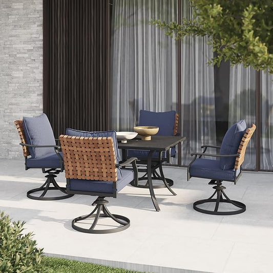 Grand patio 5-Piece Outdoor Dining Set, 4 Leather-Look Wicker Swivel Blue Patio Chairs & 1 Square Dining Table, Black