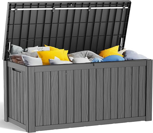 EasyUp 150 Gallon Outdoor Storage Box, Resin Waterproof UV-Resistant Deck Box with Hydraulic Lid Support, Reinforced Stability for Patio, Garden, and Poolside, Striped Black