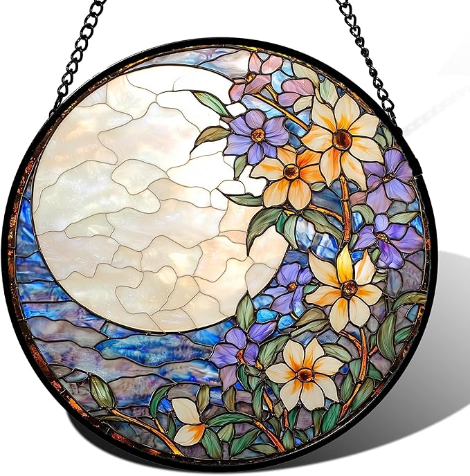 JOSUMALY Stained Glass Window Hanging - White Purple Moon Flowers Suncatcher for Door Terrace Garden Home Decor Landscape Sun Catcher Birthday Gifts for Lovers Women Men Dad Mom Nana 6.3 in