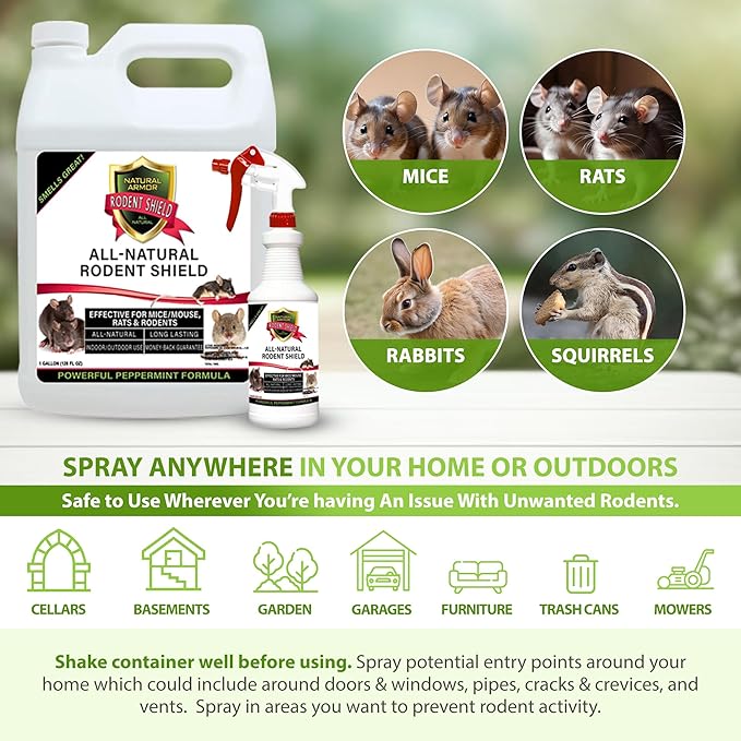Peppermint Repellent for Mice/Mouse, Rats & Rodents. Natural Spray for Indoor & Outdoor Use. Natural Armor Rodent Shield. 320 Fl Oz (2.5 Gallons)