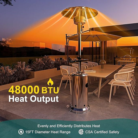 48000BTU Outdoor Propane Patio Heater with Wheels, Triple Safety Protection, Stainless Steel Burner, Includes Round Table for Porch, Camping, Backyard Use, Silver