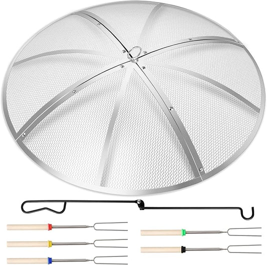 Fire Pit Spark Screen 36 Inch Round, Heavy Duty Stainless Steel Outdoor Fire Pit Screen Cover with Foldable Hook & Marshmallow Sticks, Mesh Spark Protector for Backyard, Camping, Beach
