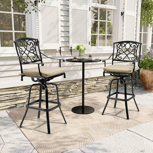 Crestlive Products Outdoor Bar Stools with Sunbrella Cushion Set of 2, 360° Swivel Patio Bar Height Chairs, All Weather Heavy Duty Commercial Grade Furniture, Antique Brown Finish for Outside (Tan)