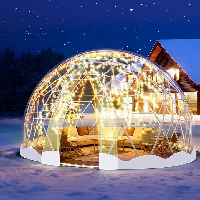 12FT Garden Dome Tent, Geodesic Dome Greenhouse with PVC Clear Cover, Waterproof Garden Bubble Dome Tent House with 2 x 10M Light Strings for Outdoor, Patio, Party