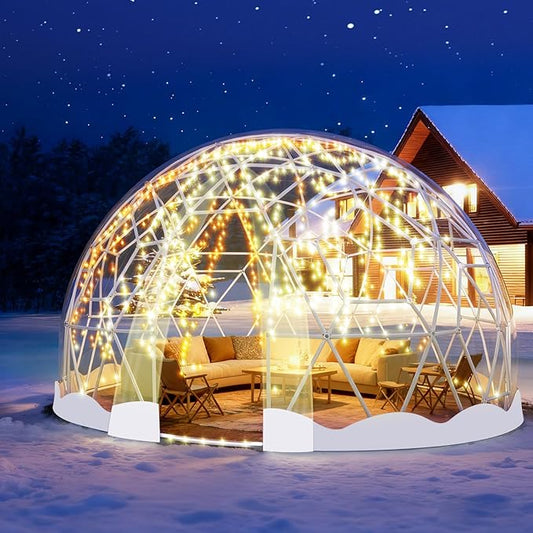 12FT Garden Dome Tent, Geodesic Dome Greenhouse with PVC Clear Cover, Waterproof Garden Bubble Dome Tent House with 2 x 10M Light Strings for Outdoor, Patio, Party
