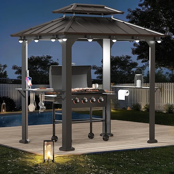 Modern Shade Grill Gazebo 6' X 8', Aluminum BBQ Gazebos with Shelves and Ceiling Hook, Grill Canopy Hardtop with Galvanized Steel Roof, Extra-Wide Column Design, Outdoor Grill Gazebo for Patio, Black