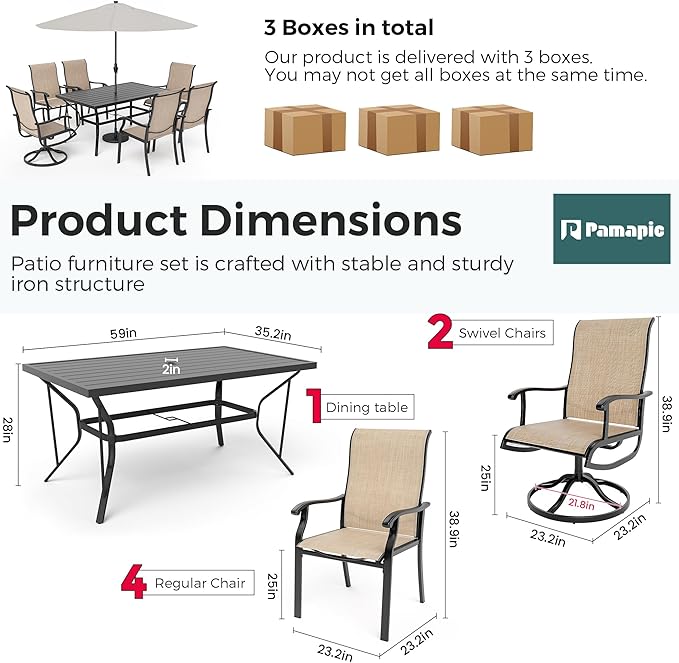 Pamapic 7-Piece Outdoor Dining Set, Patio Dining Set for 6, All-Weather Outdoor Patio Set with 2 Textilene Swivel Chairs & 4 Regular Chairs for Garden, Poolside, Deck，Beige