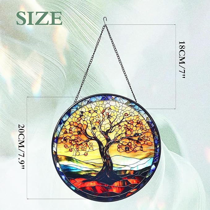 Wkyqes Tree of Life Handmade Stained Glass Window Hanging Suncatcher with Chain - 7.9" Outdoor/Indoor Art Decor for Home Garden, Wedding, Mother's, Valentine's & Christmas Ornaments Present