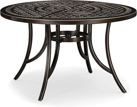 PURPLE LEAF 47" Outdoor Cast Aluminum Round Dining Table with Umbrella Hole Patio Furniture for Backyard Lawn Balcony Deck, Patio Dining Table, Lattice