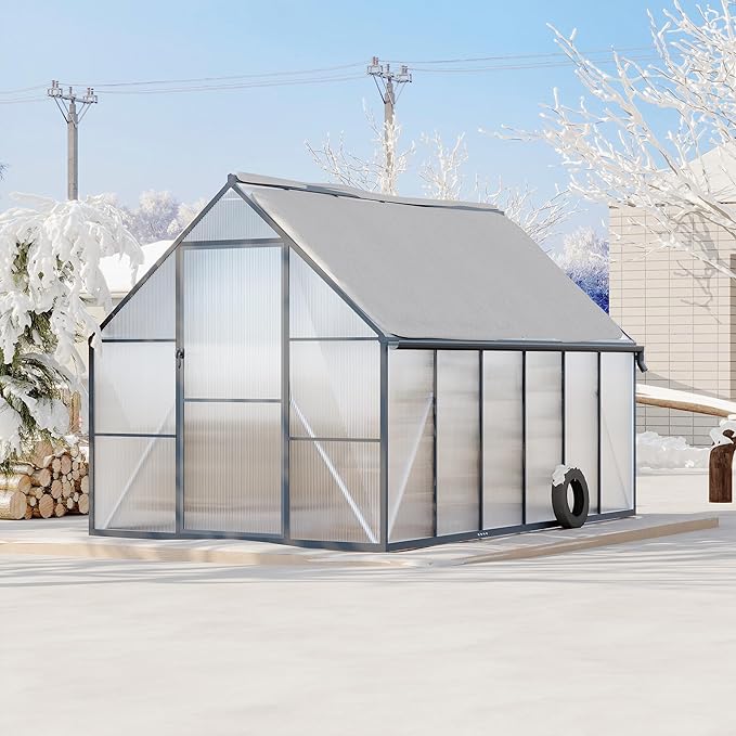 Polycarbonate Greenhouse for Outdoors, Large Walk-InGreenhouse with Quick Setup Structure and Roof Vent, Greenhouse with Ventilation and Rain Gutter