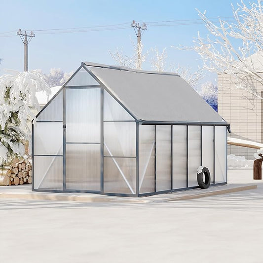 Polycarbonate Greenhouse for Outdoors, Large Walk-InGreenhouse with Quick Setup Structure and Roof Vent, Greenhouse with Ventilation and Rain Gutter