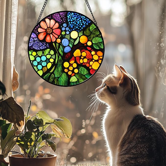 QZQCBLC Stained Glass Window Hanging Red Flowers Green Blue Orange Dots 6.3" - Suncatcher Door Garden Sun Catcher Home Decor Birthday Christmas for Mom Men Woman Nana