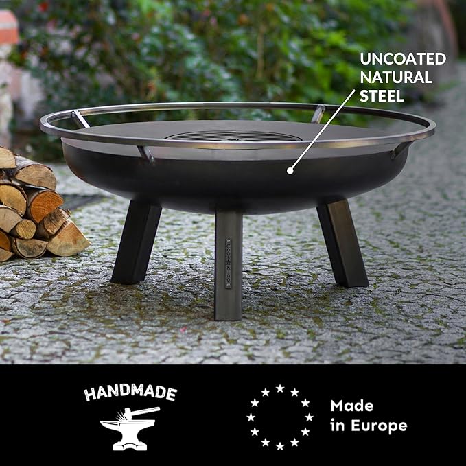Ember 32" Handcrafted Cooking Fire Pit with Cooking Grill Plate Attachment for Wood Burning Fireplace for Backyard Grilling Campfire for Camping, Large Outdoor Natural Steel Firepit by Good Directions
