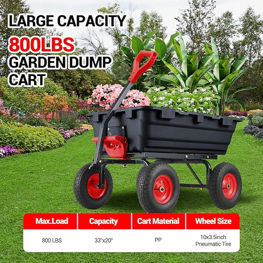 Garden Dump Cart, 800 LB Capacity, Heavy Duty Yard Wagon with All Terrain Tires & 180° Adjustable Handle, Durable Outdoor Gardening Cart for Lawn Yard, Black