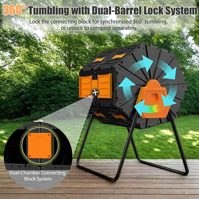 GasXcel Compost Bin, 45 Gallon Dual Chamber Composter Tumbler, 360 Rotating Compost Bin Outdoor BPA-Free Fast-Working Tumbling Compost Barrel, Large Composting Bin Kitchen Garden Compost Tumbler