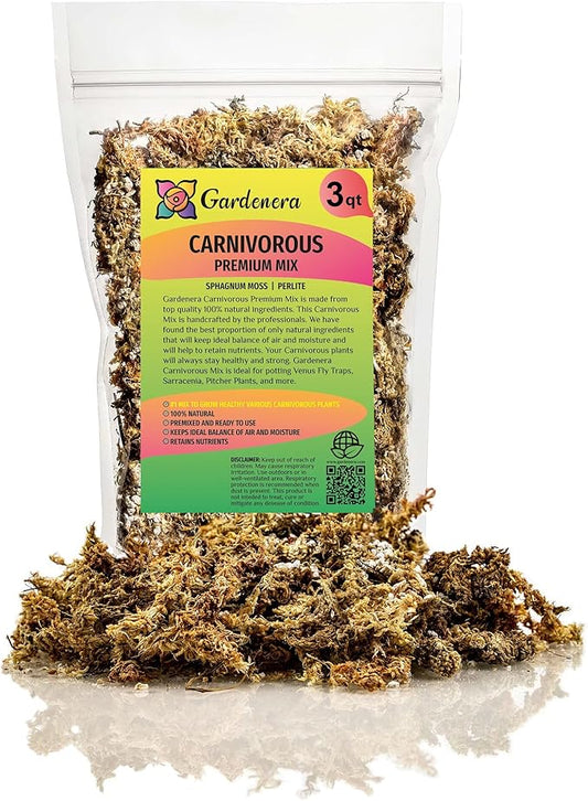 GARDENERA Sphagnum Moss Potting Mix for Carnivorous Plants, Moss and Perlite Blend for Potting Venus Fly Traps, Sarracenia, Pitcher Plants - 75% Sphagnum Moss + 25% Perlite - Made in USA - 3 Quart