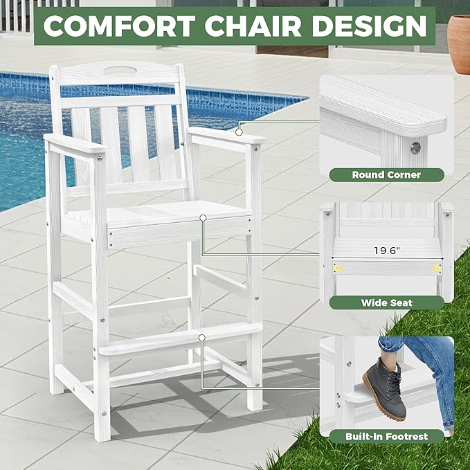 HDPE Outdoor Patio Bar Set with High Top Table and 2 Adirondack Chairs, All-Weather Bar Height Outside Rectangular Pub Furniture for Bistro, Garden, Backyard, Deck | 3-Pieces, White