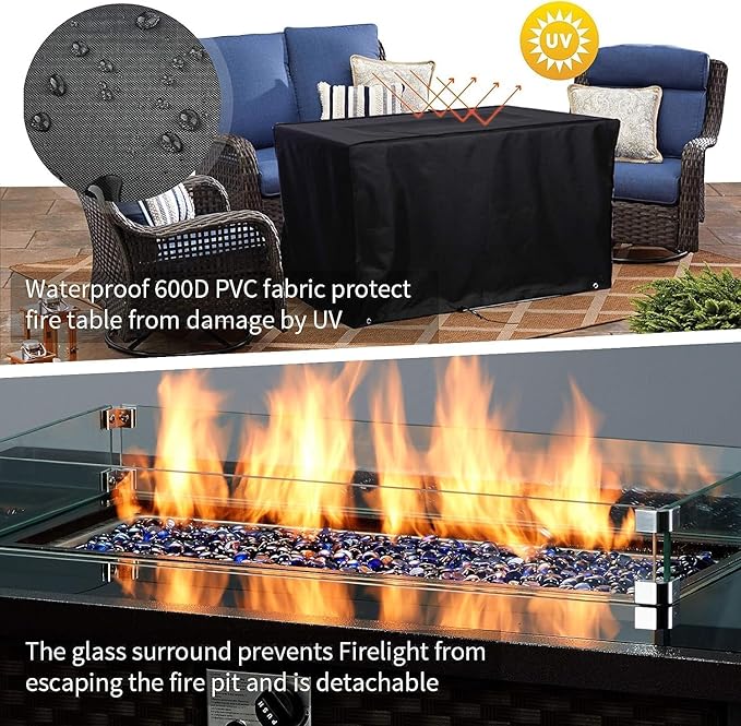 U-MAX 44in Outdoor Propane Gas Fire Pit Table, 50,000 BTU Auto-Ignition Gas Firepit with Glass Wind Guard, Black Tempered Glass Tabletop & Blue Glass Rock, Brown PE Rattan, CSA Certification