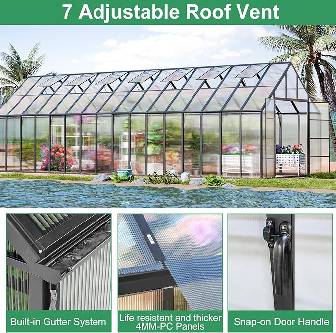 CDCASA 10x32 FT Greenhouse for Outdoors,Large Easy Assembly Thicker Aluminum Polycarbonate Greenhouses w/7 Windows, Double Doors, Walk-in Green House for Outside,Patio,Backyard,Garden