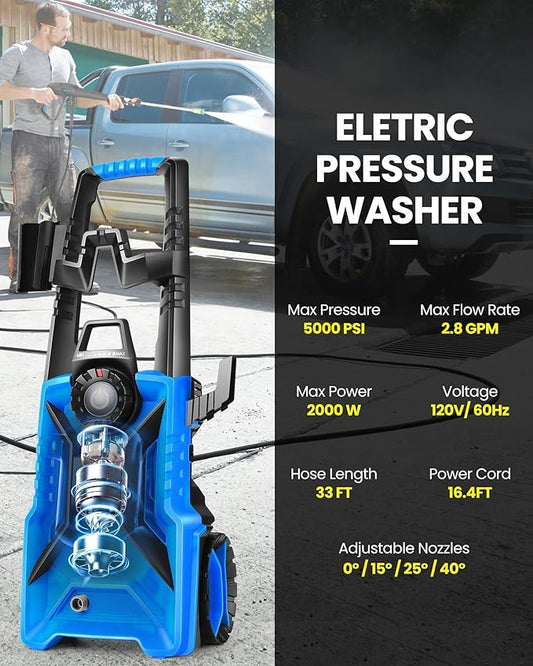 5000PSI Electric Pressure Washer 3.0GPM High Power Washer with 33ft Pressure Hose, 4 Nozzles and 500ml Foam Cannon for Cars/Fences/Driveways/Patios/Home Cleaning (Light Blue)