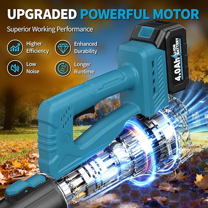 FULLYEA Leaf Blower Cordless, 21V Powerful Leaf Blower with 2 x 4.0Ah Battery & Fast Charger, Lightweight Electric Leaf Blowers for Lawn Care, Yard, Patio Cleaning, Blowing Leaves & Dust (Blue)