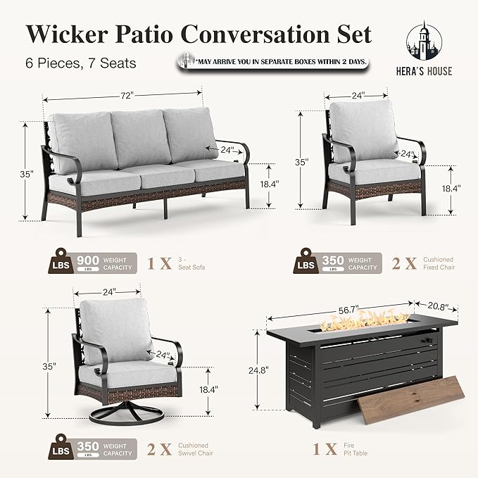 HERA'S HOUSE 6 Piece Metal Patio Furniture Set with 56" Fire Pit Table, All Weather Outdoor Conversation Set 7 Seats, 3 Seat Sofa, 2 Swivel Chairs, 2 Fixed Chairs for Backyard Garden Deck, Light Grey