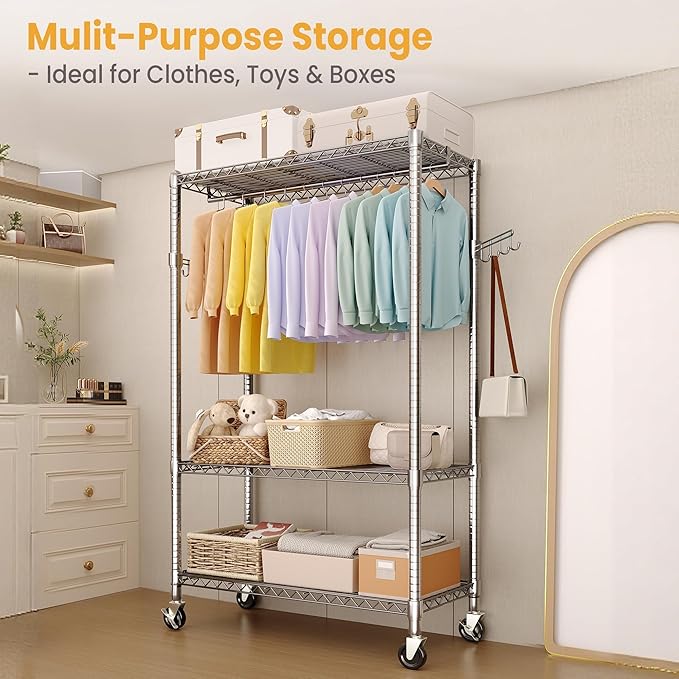 75" Clothes Rack with Wheels, 694LBS Load Heavy Duty Metal Garment Rack with 22 mm pipes, Freestanding Clothing Racks with Adjustable Storage Shelves Hanging Rod & Side Hooks for Hanging Clothes