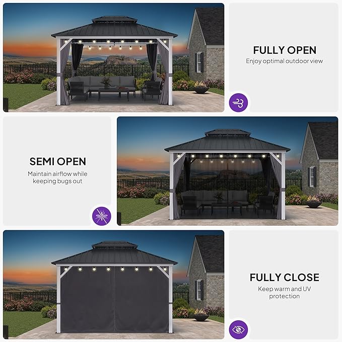 PURPLE LEAF 10' X 12' Gazebo White Aluminum Frame Galvanized Double Roof Hardtop Gazebo Curtains and Netting Included with String Lights for Garden Deck Lawns and Backyard, Grey