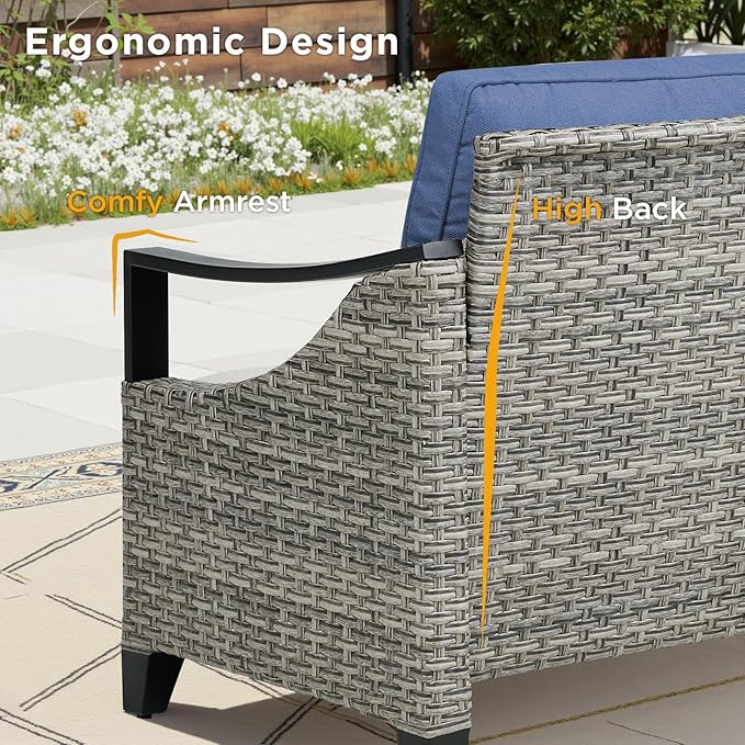5 Pieces Patio Furniture Sets - All Weather Outdoor Swivel Rocker Patio Chairs with 3-Seat Sofa and Multifunctional Ottomans, Outdoor Conversation Set for Garden Porch Balcony Deck Gray/Blue