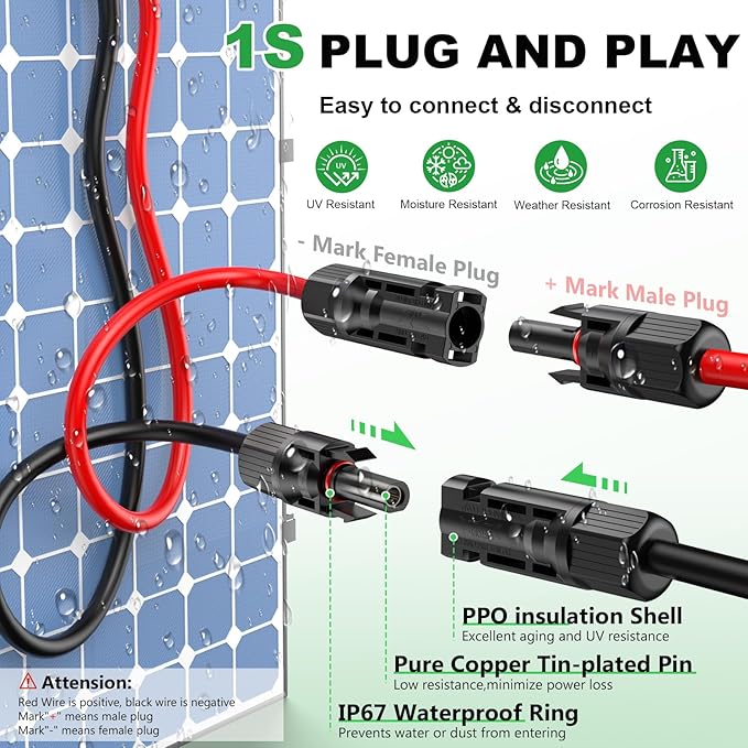 Oududianzi Solar Extension Cable 50Ft, Solar Wire 10AWG, 10 Gauge Tinned Copper PV Wire, Solar Panel Wires and Connectors for Home Roofs RV Boat Camping Solar Panels