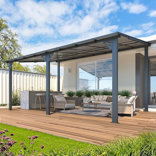 AECOJOY 16' x 10' Gazebo Outdoor Pergola, 10x16 Large Wall-Mounted Hardtop Lean to Metal Gazebo Shelter Pergolas and Gazebos Clearance with Patio Roof, Heavy Duty Awnings for Backyard, Decks