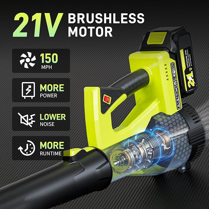 Hongmai Leaf Blower Cordless, 500 CFM 21V Electric Cordless Leaf Blower with 4.0Ah Battery and Charger, Lightweight, 6 Speed Modes, for Lawn Care, Patio, Blowing Leaves and Dust (Green)
