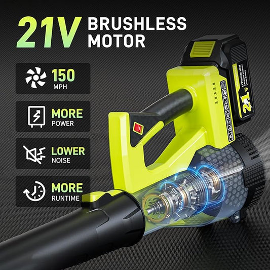 Hongmai Leaf Blower Cordless, 500 CFM 21V Electric Cordless Leaf Blower with 4.0Ah Battery and Charger, Lightweight, 6 Speed Modes, for Lawn Care, Patio, Blowing Leaves and Dust (Green)