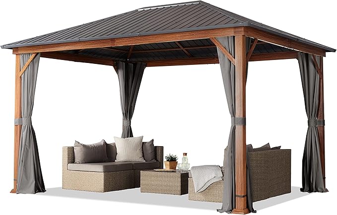 TOOLPORT Hardtop Gazebo 10x13 ft - Wood-Effect Finish - Steel Roof - 4 Side Panels in Gray