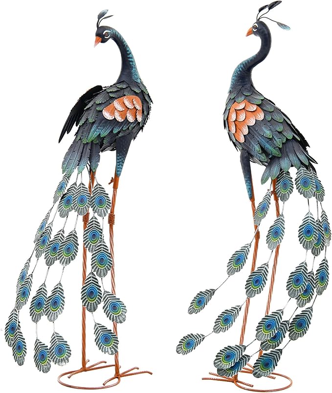 Ultym Large Metal Peacock Garden Decor- Handmade 32" Oversize Standing Peacock Statue with Stable Ground Stakes, Backyard Decoration, Metal Garden Art Sculptures