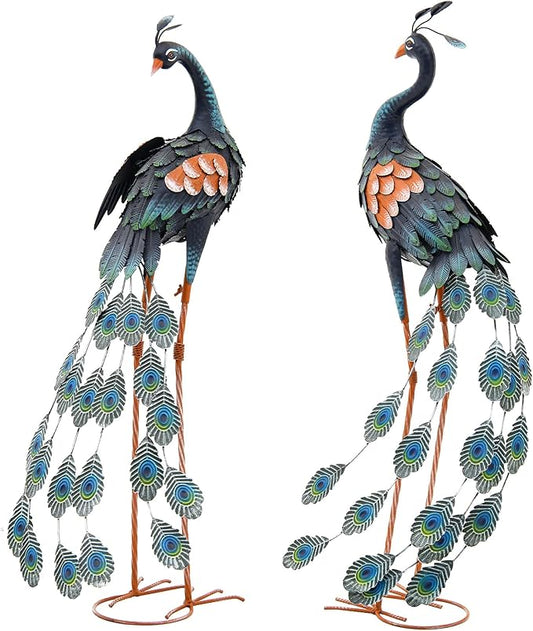 Ultym Large Metal Peacock Garden Decor- Handmade 32" Oversize Standing Peacock Statue with Stable Ground Stakes, Backyard Decoration, Metal Garden Art Sculptures