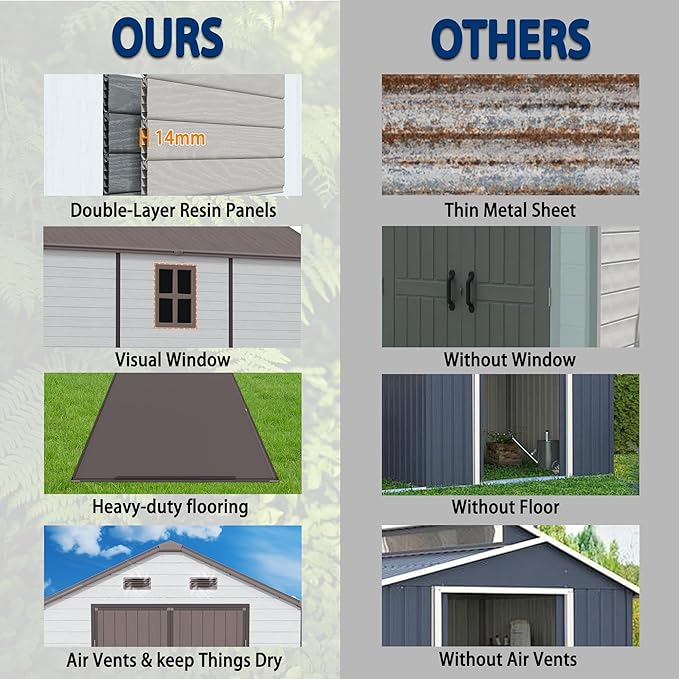 8x14 FT Resin Outdoor Storage Shed with Floor, Weather-Resistant Plastic Garden Shed with Windows, Lockable Door and Vents, Outside Tool Storage Sheds for Backyard, Garden, Lawn, Brown