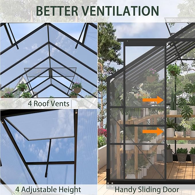 Greenhouses for Outdoors, 8x14.2 FT Polycarbonate Greenhouses with 2 Adjustable Roof Vent, Windproof, Walk-in Aluminum Frame Green Houses for Outside with Sliding Door, Garden (8x14.2FT)